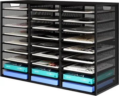 Image de Organiseur de bureau pour courrier et magazines, 9 niveaux, 27 compartiments, noir, bois et métal