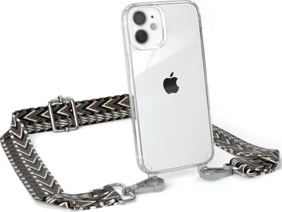 Produktbild von EAZY CASE Handykette - Verstellbarer Trageriemen kompatibel mit Apple iPhone 12 Mini, Handykordel mit transparenter Silikon-Hülle, Band in Grau