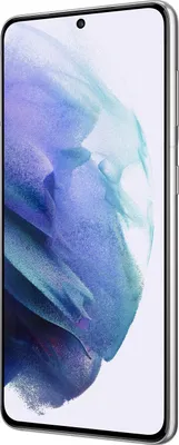 A side view of a white Samsung Galaxy smartphone with a colorful abstract wallpaper on its screen.