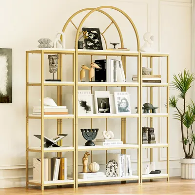 Immagine prodotto di okwish: scaffale a giorno modulare, scaffale per libri con spazio aperto, set di 3 scaffali con design ad arco, adatto per l'ufficio o il soggiorno, colore oro
