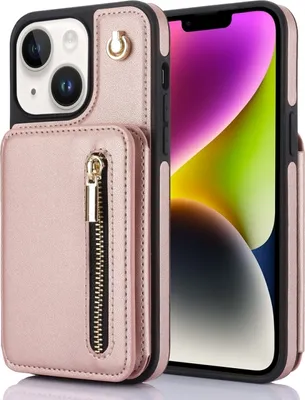 Produktbild von Für iPhone 14 Plus YM006 Skin Feel Zipper Card Bag Telefongehäuse mit Dual Lanyard (Rose Gold)