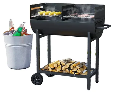 Image de Barbecue au charbon de bois, 90 x 45 x 96 cm, hauteur réglable de 82 à 94,5 cm, deux zones de cuisson indépendantes, roulettes pivotantes, résistant à la chaleur jusqu'à 300 °C