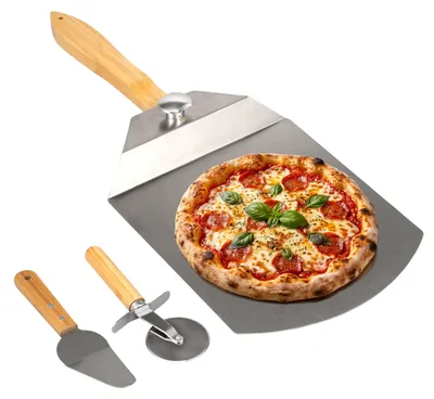 Zdjęcie produktu dla Zestaw 3 łopatek do pizzy eluno, akcesoria do pizzy ze stali nierdzewnej i bambusa