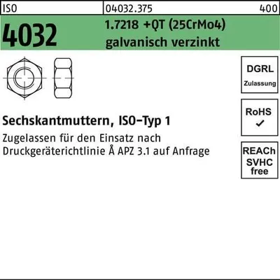 Produktbild von Sechskantmutter ISO 4032 M 20 1.7218 +QT (25CrMo4) galvanisch verzinkt