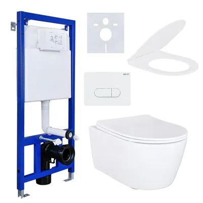 Produktbild von Wand‑WC Komplettset mit Vorwandelement & UP‑Spülkasten, spülrandloses Wand‑WC Softclose Sitz, Betätigungsplatte & Schallschutzmatte & Montagematerial