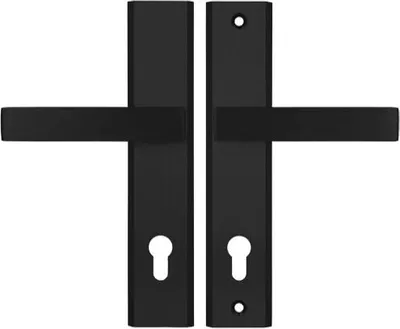 A pair of black door handles with keyhole plates, presented against a white background.