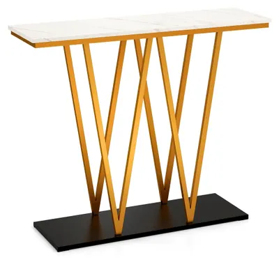 Produktbild von Konsolentisch in Marmoroptik, Eingangstisch mit Metallrahmen, Moderner Flurtisch für Wohnzimmer, Flur, Diele, 100 x 30 x 79 cm, Weiß + Gold