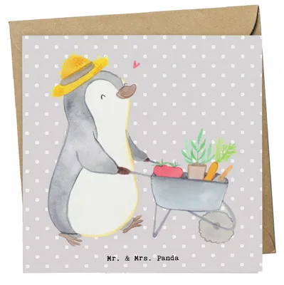 Produktbild von Mr. & Mrs. Panda Grußkarte Pinguin Gartenarbeit - Grau Pastell - Geschenk, Klappkarte, doppelkarte, anlasskarte, Gärtnern, Gartenpflege, Urban Gardening, Glückwunschkarte