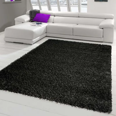 Obrázok produktu pre Moderný huňatý koberec s dlhým vlasom - jednofarebný dizajn v čiernej farbe Veľkosť - 120 x 170 cm