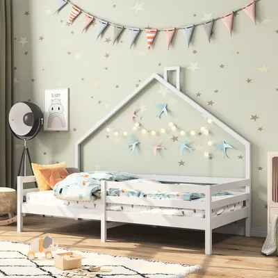 Image de ProximaX lit d'enfant 96x206 cm avec protection contre les chutes et cheminée, lit de maison lit de sol en pin lit simple avec sommier à lattes, blanc