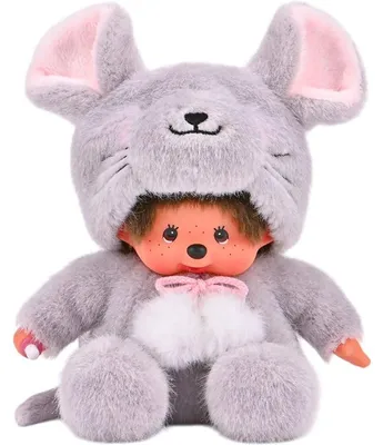 Obrázek produktu pro MONCHHICHI Plyšová myška, sedící, 20 cm, šedá s růžovými vnitřními ušními bolístky – měkká plyšová hračka pro mazlení a sbírání