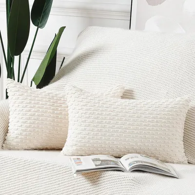 Immagine prodotto di Set di 2 federe decorative in stile bohémien, a righe, in morbido cotone, color crema e bianco, dimensioni 30 x 50 cm