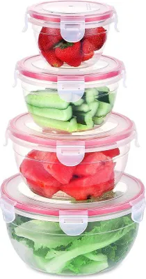 Immagine prodotto di Set di 4 contenitori Unyqoos® per alimenti freschi – contenitori in plastica trasparente, privi di BPA, ermetici, adatti al microonde (con coperchio aperto), adatti al congelatore e alla lavastoviglie, 10oz/19,6oz/32oz/54oz
