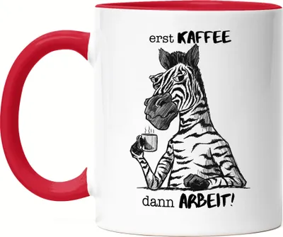 Produktbild von Erst Kaffee Dann Arbeit Tasse Rot  Kein Morgenmensch Morgenmuffel Büro Kollegen Zebra Geschenk