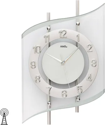 Produktbild von AMS 5506 Wanduhr Funk Funkwanduhr analog silbern modern geschwungen mit Glas