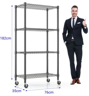 Image de Étagère à quatre niveaux avec roulettes, réglable en hauteur pour charges lourdes, 76x35x182 cm, étagère de garage, étagère de stockage, étagère de cuisine, supporte au moins 816 kg