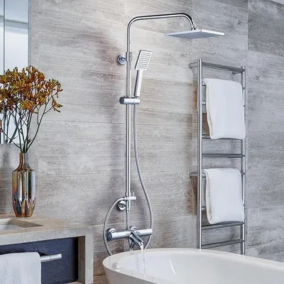 Produktbild von Duschsystem mit Thermostat, Komplettset mit Thermostat Badewannenarmatur 38°C Sicherheitssperre, 360° Schwenkbarer Regenduschkopf, Handbrause mit 3 Strahlarten, aus Messing und Edelstahl, Chrom