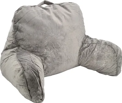 A grey reading pillow with armrests is shown against a white background.