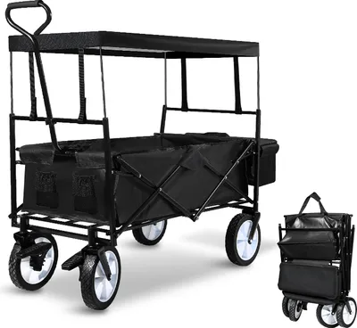 Produktbild von TolleTour Bollerwagen faltbar mit Dach Handwagen Transportwagen Gerätewagen klappbar, Vollgummi-Reifen, bis 80 kg Gartenwagen Schwarz