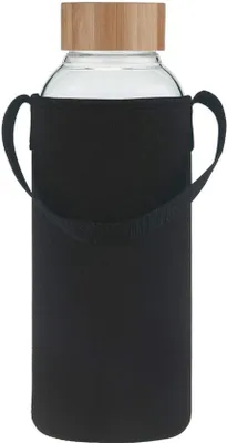 Produktbild von Trinkflasche, 1,5 Liter – aus Borosilikatglas – mit Bambusdeckel – mit Neoprenhülle