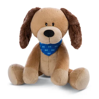A plush toy dog sitting down, wearing a blue bandana.