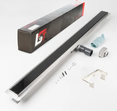 Produktbild von Duschrinne Glas schwarz 1200x70mm Ablaufrinne mit Edelstahl Siphon Haarsieb