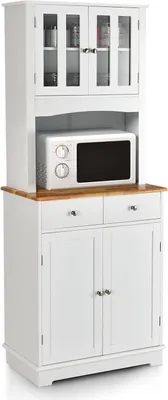 A white kitchen cabinet with a microwave on a wooden shelf.