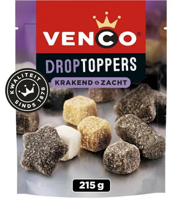 Image de Venco Droptoppers Krakend Zacht Réglisse 215g – Morceaux de réglisse croustillants et moelleux