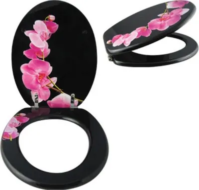 A toilet seat and lid with a floral design.