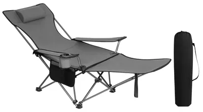 Produktbild von Klappbarer Campingstuhl - Outdoor-Liegestuhl - Leicht - Abnehmbares Kopfpolster - Ausziehbare Fußstütze - Armlehnen - Grau