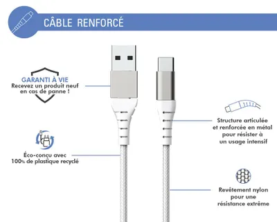 Productafbeelding van Force Power, Versterkt USB-A/USB-C kabel, 3 meter – 3A, Wit, Wit