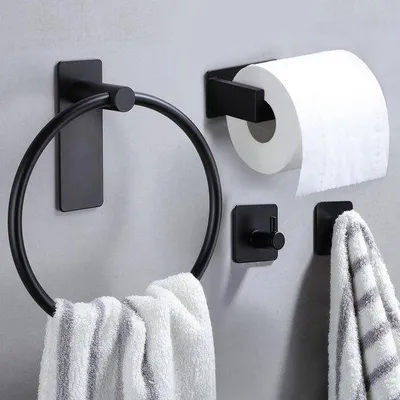 Immagine prodotto di Portasciugamani nero con gancio e portarotolo, acciaio inossidabile