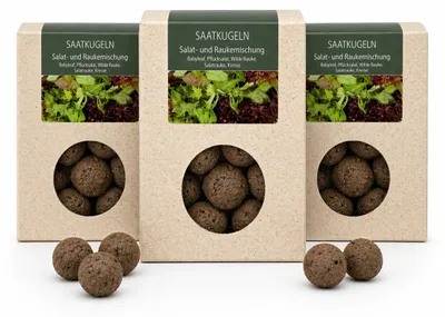 Produktbild von 60 Stück Saatkugeln Salat- und Raukemischung – Babyleaf, Pflücksalat & Kresse