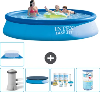 Produktbild von Intex runder aufblasbarer Easy Set-Schwimmpool – 396 x 84 cm – Blau – inklusive Pumpe Abdeckung - Wartungspaket - Filter - Bodenplane