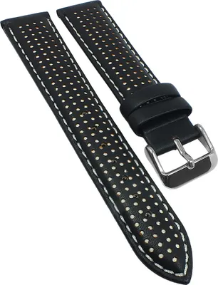 Produktbild von Minott > Uhrenarmband Leder Lochmuster schwarz gepolstert Dornschließe, Stegbreite:20mm, Schließe:Silbern