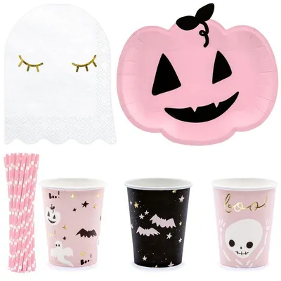 Produktbild von Halloween Party Set 56 tlg. für 6 Kinder Kürbis / Geist Deko
