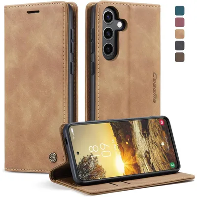 Immagine prodotto di Custodia a libro in pelle marrone per Samsung Galaxy S24 FE 5G, con portacarte e funzione stand