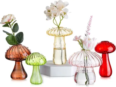 Image de Glasseam Champignons Vases en verre Set multicolore de 5 minivases modernes pour décoration de table