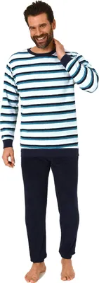 Produktbild von Edler Herren Frottee Pyjama Schlafanzug mit Bündchen in Streifenoptik - 291 101 13 788 ; türkis , 52