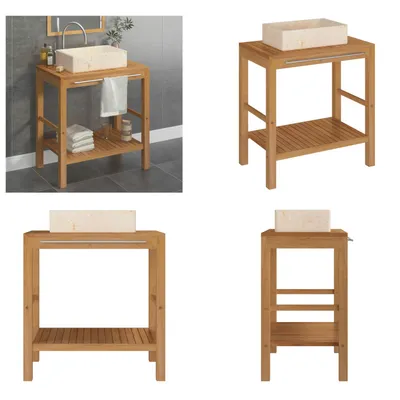 Image de vidaXL : Meuble vasque en bois massif teck avec vasque en marbre crème - Meuble sous vasque - Meubles sous vasque - Armoire de salle de bain - Armoires de salle de bain