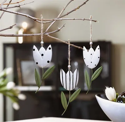 Produktbild von 3x Dekohänger "Tulpe" aus Metall, Blume zum Aufhängen, schwarz / weiß / grün, Frühlingsdeko, Osterdeko