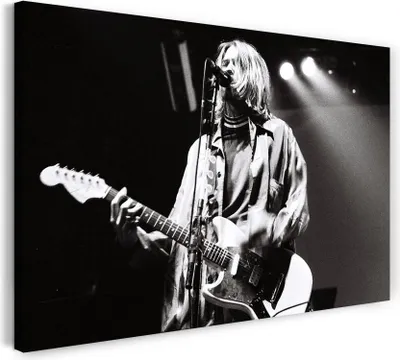 Produktbild von Leinwandbild (120x80cm): Kurt Cobain on stage Nirvana Kult-Bild schwarz weiss Legende, echter Holz-Keilrahmen inkl. Aufhänger, handgefertigt in Deutschland