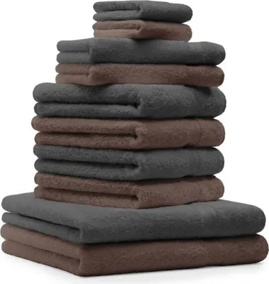 Produktbild von Betz 10-tlg. Handtuch-Set PREMIUM 2 Duschtücher 4 Handtücher 2 Gästetücher 2 Waschhandschuhe  Farbe:  anthrazit und nuss braun