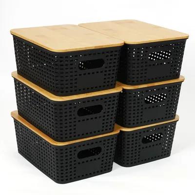 Aufbewahrungsbox mit Bambusdeckel, 6er Set, schwarz, 25,6x18x10,7 cm