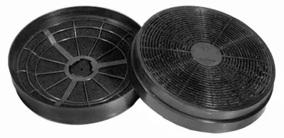 Two black carbon filters for a cooker hood, shown from a diagonal angle against a white background.