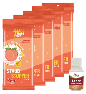 Produktbild von POLIBOY Staubstopper Peach Feuchttücher - Antistatische Staubtücher mit Pfirsichduft - Allzweck-Feuchttücher zur Staubreduzierung - Möbeltücher für alle Flächen - 5x 24 Tücher - Mit Produktprobe – Grö