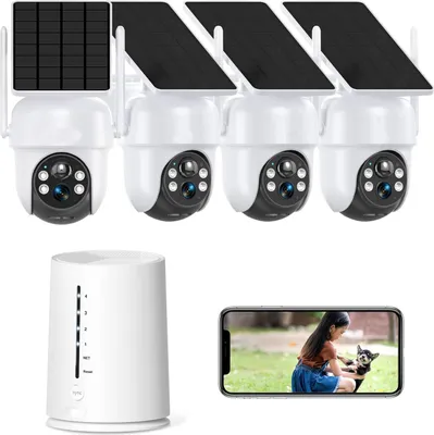 Image de ieGeek 4MP FHD Set caméra de surveillance extérieur Batterie avec panneau solaire, station de base 4CH avec 4X caméras dôme sans fil, 360° PTZ, vision nocturne en couleur