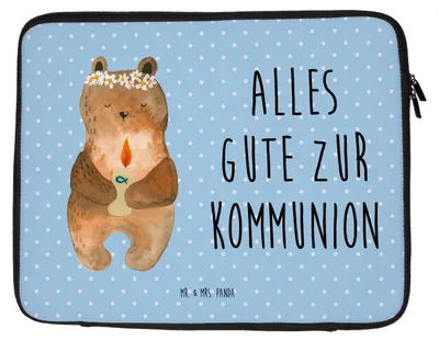 Produktbild von Mr. & Mrs. Panda Laptop Tasche Bär Kommunion 27 x 36 cm - Blau Pastell - Geschenk, Case, Hülle, Laptophülle, Sleeve, Katholisch, Taufkerze, Teddy, Gottes Segen