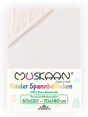 Produktbild von Müskaan Jersey Kinder Spannbettlaken 60x120 - 70x140 cm natur bis 12cm Matratzenhöhe Gummizug Bettlaken 100% Baumwolle