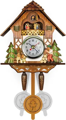 A decorative wooden cuckoo clock with figures and a pendulum.